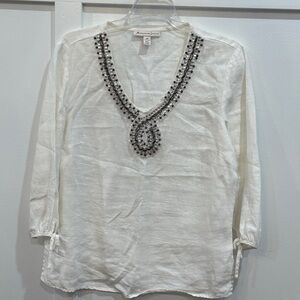 Petite Embellished V-Neck White Tunic